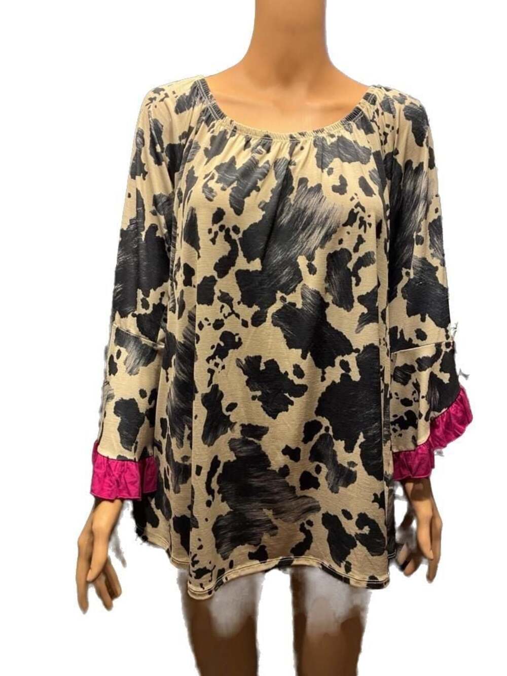 Hesed Cow Print Ruffle Sleeve Tunic Top Size L
